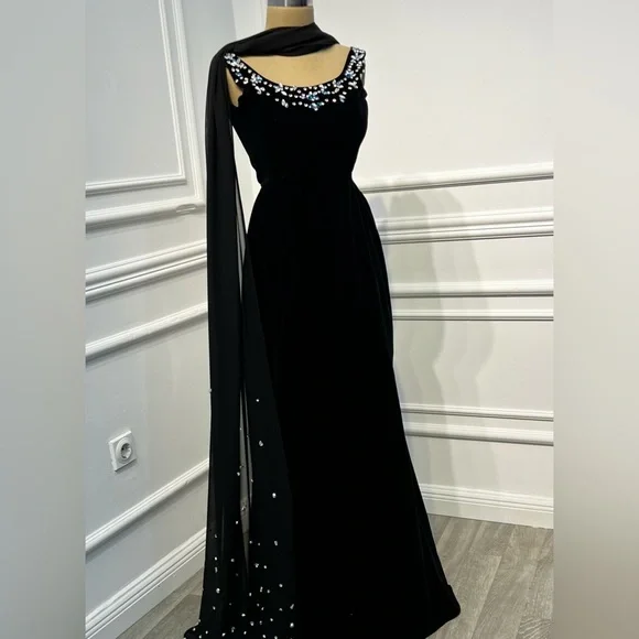 Velvet Black Dress With Crystals And Embellished Shawl | Color: Black | Size: Xs | Bakerhayl831's Closet